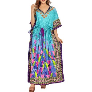 HAPPY BAY Women's House Daily Routine Evening Wear Maxi Slit Dresses Caftan Dashiki Casual Long Cover up Caftans for Women Plus One Size Blue,Floral - 1 of 4