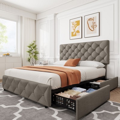 Whizmax Queen Size Bed Frame with 4 Storage Drawers, Faux Leather Upholstered Platform Bed Frame with Adjustable Headboard, No Box Spring Needed