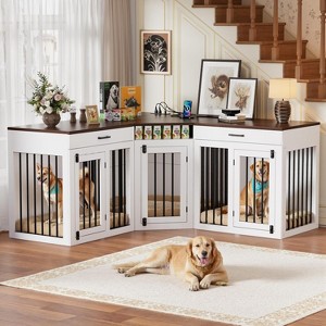 PAKASEPT 67.7" L-Shaped Corner Dog Crate Furniture Large Breed, Wooden Dog Crate End Table Indoor, Dog Crate Kennel with Drawers,Divider,Power Outlet - 1 of 4