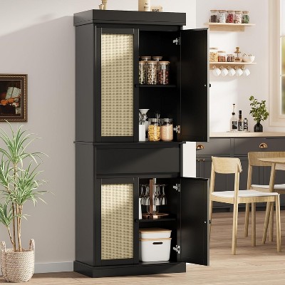 Pantry Storage Cabinet with Drawer, Rattan Pantry Cabinet, Freestanding Kitchen Cupboard