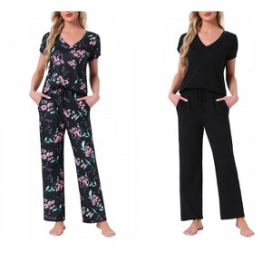INSPIRE CHIC Women's 2 Pcs Short-Sleeve V-neck Tee & Drawstring Pants Pajama Sets with Pockets - 1 of 4