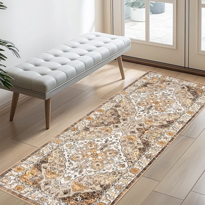 Machine Washable Vintage Floral Printed Area Rug Low Pile Stain Resistant Non Slip Non Shedding Pet Friendly Floor Mat