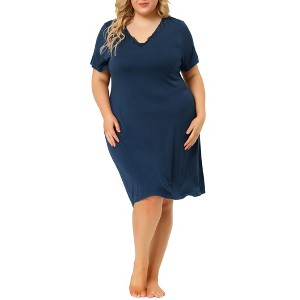 Agnes Orinda Women's Plus Size Solid Comfort Lace V Neck Short Sleeves Midi Knit Nightgowns - 1 of 4