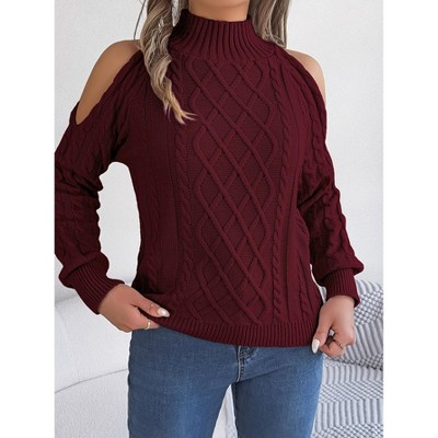 Garvee Women Soft Sexy Half-High Neck Cold Shoulder Long Sleeve Cable-Knot Knit Pullovers Sweater Tops