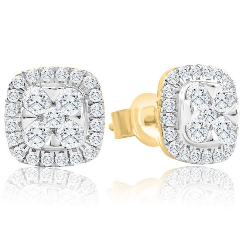 Pompeii3 1Ct T.W. Pave Diamond Cushion Halo Studs 10k Yellow Gold Lab Created Earrings, 2 of 4