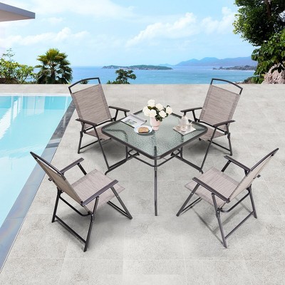Crestlive Products 5 Piece Patio Dining Set with 4 Folding Chairs and Table Outdoor Dining Furniture with Square Glass Tabletop