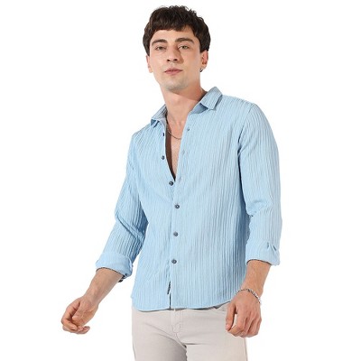 Campus Sutra Men Men's Powder Blue Self-Design Striped Shirt