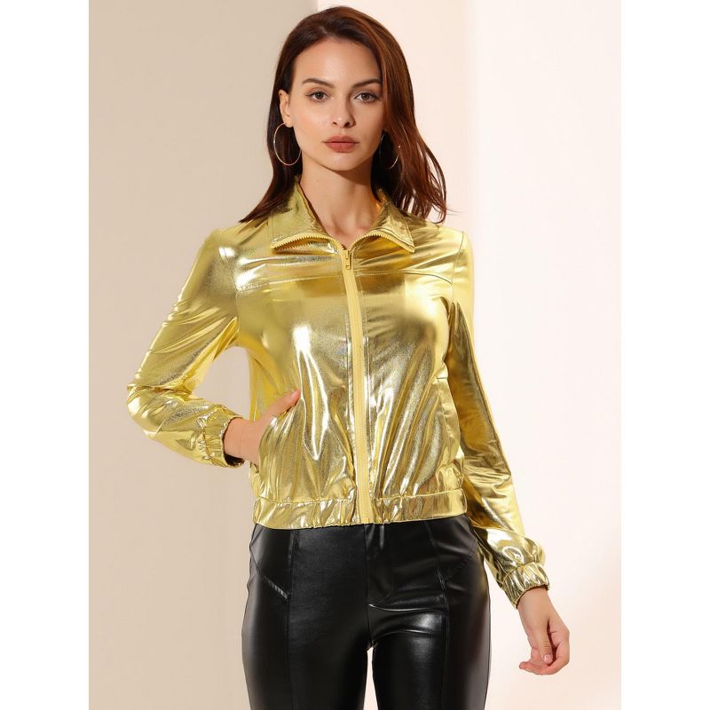 Allegra K Women's Holographic Shiny Long Sleeve Metallic Zip Front Track Jacket, 2 of 6