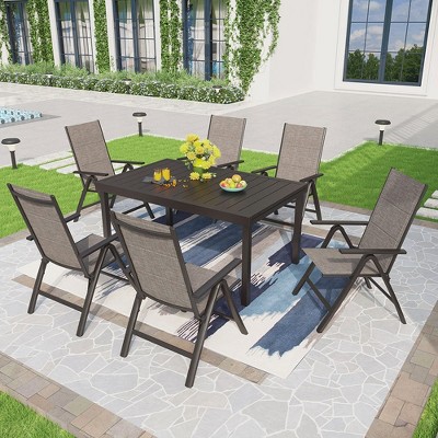 Captiva Designs 7pc Outdoor Patio Slat-top Rectangle Dining Steel Table & Foldable Arm Chairs
