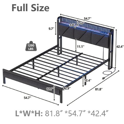 Furnulem Bed Frame with LED Lights, Headboard with Charging Station and USB Port,Upholstered Platform Bedframe Metal Support, No Box Spring Needed