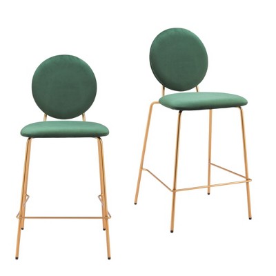 HomeRoots Set of Two 26" Green and Gold Velvet and Steel Counter Height Bar Chairs