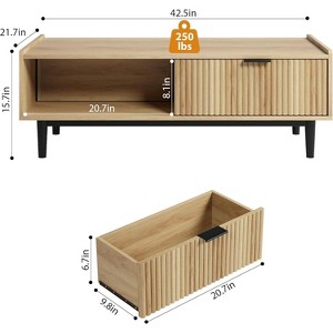 Fluted Coffee Table 42.5" Coffee Table with Drawer, Mid Century Modern Center Tables Light Wood Living Room Tables - 1 of 4