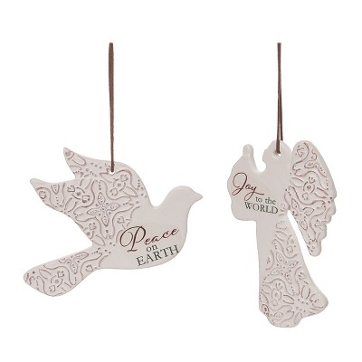 Transpac Set of 2 White Resin Debossed Christmas Tree Ornaments Elegant Indoor Holiday Decor Gift Giving