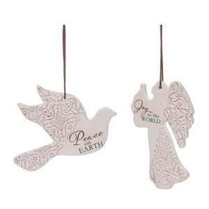 Transpac Set of 2 White Resin Debossed Christmas Tree Ornaments Elegant Indoor Holiday Decor Gift Giving - 1 of 1