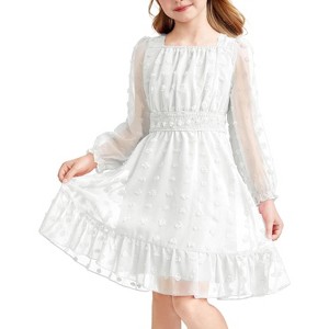 Arshiner Girls Dresses Long Sleeve Square Neck Swiss Dot Flowy Casual Party Dress White 5-6 Years