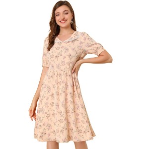 INSPIRE CHIC Women's Vintage Floral Peter Pan Collar High Waist Puff Sleeve A-line Midi Dress - 1 of 4