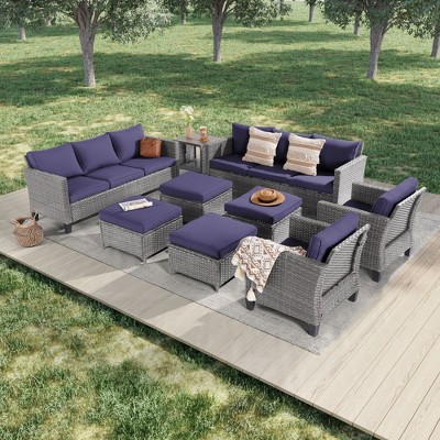 Sonkuki Outdoor 9-Piece Patio Conversation Set with Ottoman and Side Table, Navy Blue Cushion