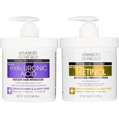 Advanced Clinicals Hyaluronic Acid Body Cream + Retinol Body Cream for Wrinkles and Hydration. Set of Two 16 Oz