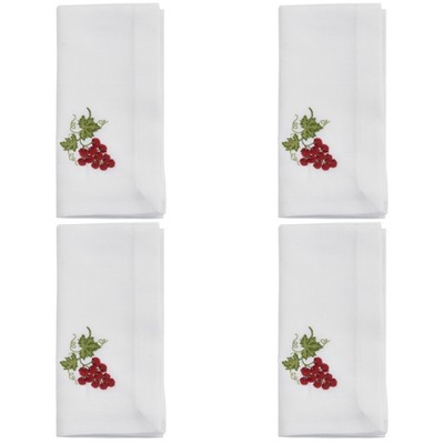 White Cotton Table Napkins with Embroidered Grapes Design, Set of 4