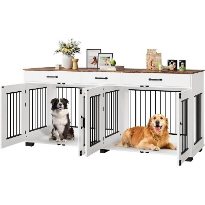 71" Double Dog Crate Furniture with 3 Storage Drawers | Wooden TV Stand & Pet Kennel with Removable Divider