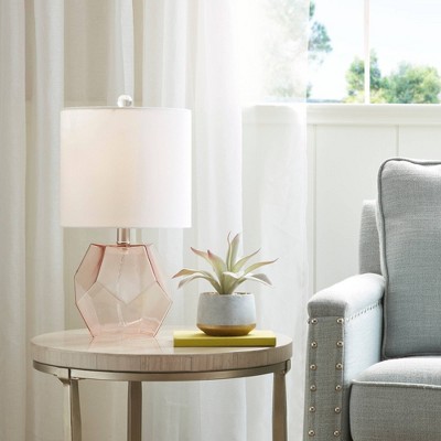 Pink Geometric Glass Table Lamp with White Drum Shade