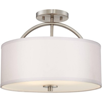 Possini Euro Design Modern Ceiling Light Semi Flush Mount Fixture Brushed Nickel 15" Wide White Linen Drum Shade Bedroom Kitchen