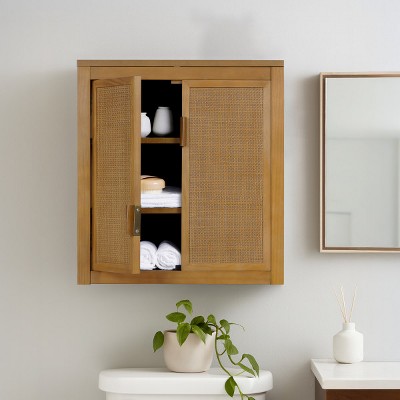 Hatteras Modern Boho 2-Door Wall Cabinet with Solid Wood & Natural Rattan Accents-Teamson Home