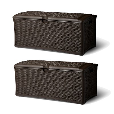 Suncast 72 Gallon Resin Wicker Outdoor Patio Storage Deck Box, Brown (2 Pack)
