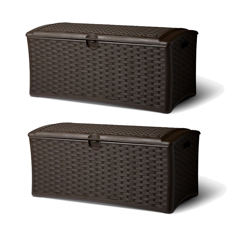 Suncast 72 Gallon Resin Wicker Outdoor Patio Storage Deck Box, Brown (2 Pack), 1 of 7