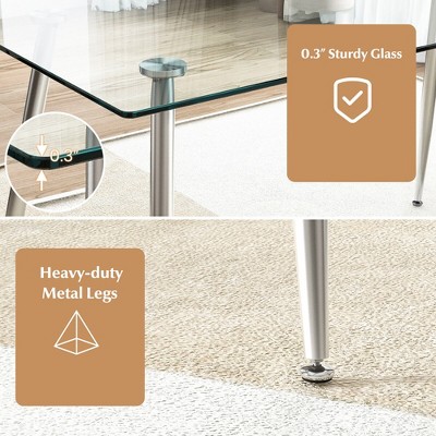 Modern Clear Glass Rectangular Dining Table with Silver Metal Legs