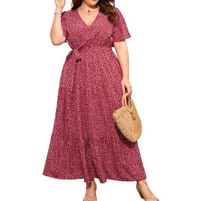 MISSKY Women Plus Size Wrap Dress High Waist Short Sleeve Ruffle Casual Summer Maxi Dresses with Belt