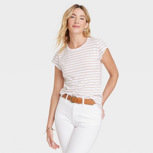 Women's Fitted Crew Short Sleeve T-Shirt - Universal Thread™ White Striped  XL