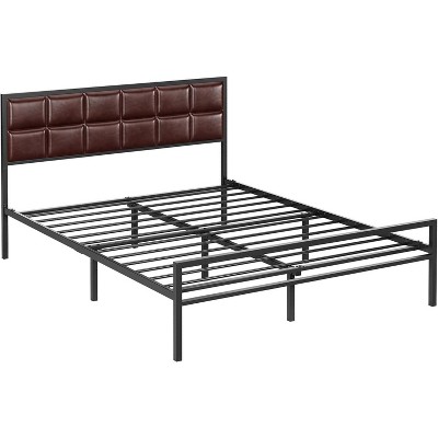 Queen Size Metal Bed Frame with Upholstered Square Stitched Headboard, Faux Leather Platform Bed Frame, Steel Slats Support, Red Brown