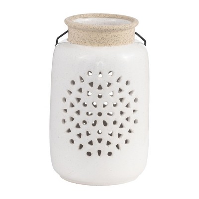 Sagebrook Home Ceramic Lantern - Contemporary Ivory and Beige Flower Cut-Out Creative Decorative Lantern with Handle for Indoor or Outdoor Use