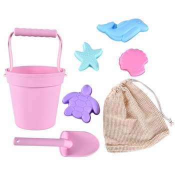 Link Ready! Set! Play! Silicone Beach & Pool Toy 7pc Set For Travel Easy To Clean Bucket Shovel 4 Sands Molds For Toddlers & Babies Carry Bag Included