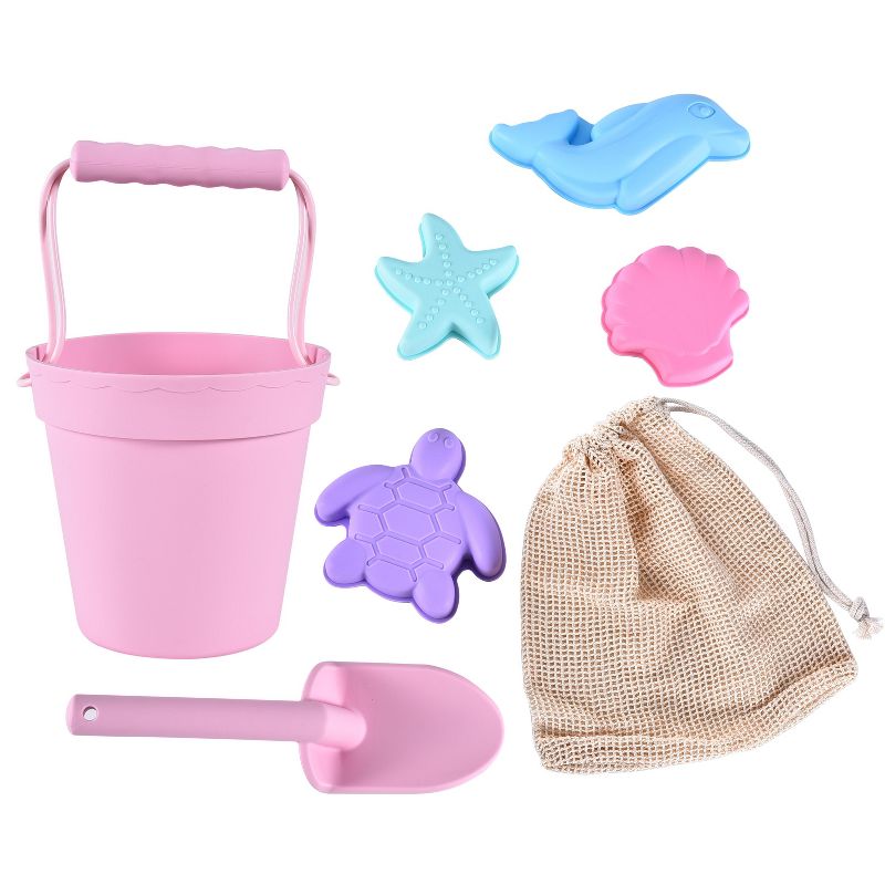 Link Ready! Set! Play! Silicone Beach & Pool Toy 7pc Set For Travel Easy To Clean Bucket Shovel 4 Sands Molds For Toddlers & Babies Carry Bag Included, 1 of 7