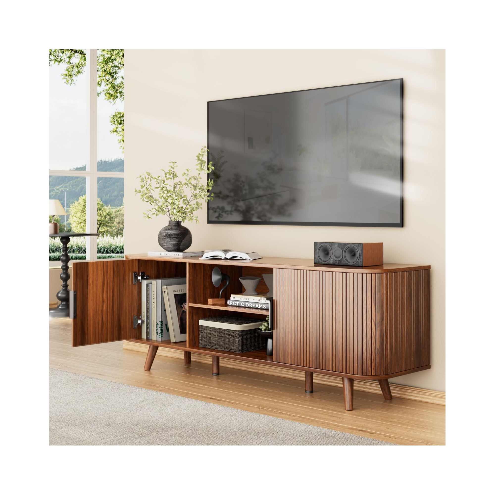 Curved Edge TV Stand Walnut Finish Media Console for 65 Inch TV Modern Fluted Door Credenza with Storage Mid Century Living Room Furniture