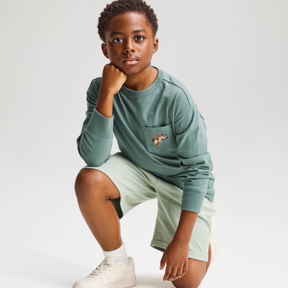 Boys' Long Sleeve 100% Cotton Relaxed Fit Embroidered Pocket T-Shirt - Cat & Jack™ Teal XS