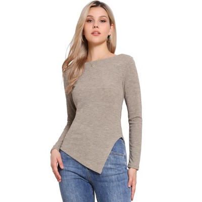 INSPIRE CHIC Women's Long Sleeve Boat Neck Irregular Casual Knit Sweater Medium Khaki
