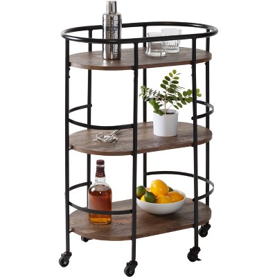 Rustic Brown and Black 3-Tier Oval Bar Cart with Storage