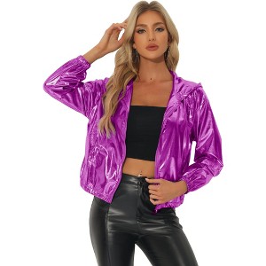 Allegra K Women's Casual Holographic Hooded Long Sleeve Zipper Metallic Jacket - 1 of 4