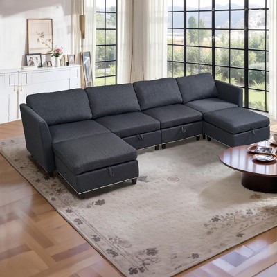 NicBex Couches for Living Room 100" Convertible 6 Seater Sleeper Sofa U Shaped Sectional Couch with Double Chaise and Storage Ottoman, Dark Gray