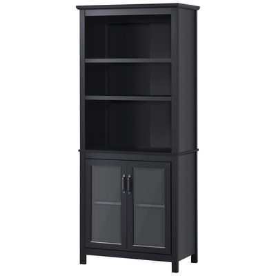 Black 71" MDF Bookcase Storage Hutch with Adjustable Shelves and Glass Doors