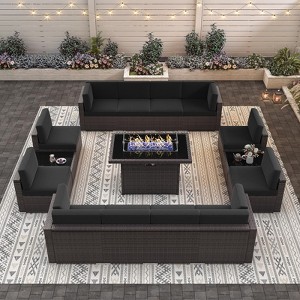 LayinSun 15 Piece Patio Furniture Set with Fire Pit Table, Outdoor Conversation Sets Wicker Rattan Sectional Sofa with Coffee Table - 1 of 4