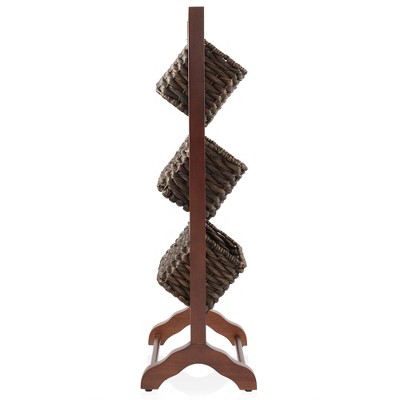 Walnut 3-Tier Floor Stand with Water Hyacinth Baskets