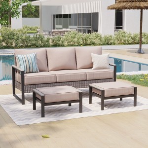 Sonkuki 3 Pieces Sofa with Side Table, All-Weather PE Rattan Wicker Set Patio Conversation Couch with Cushion - 1 of 4