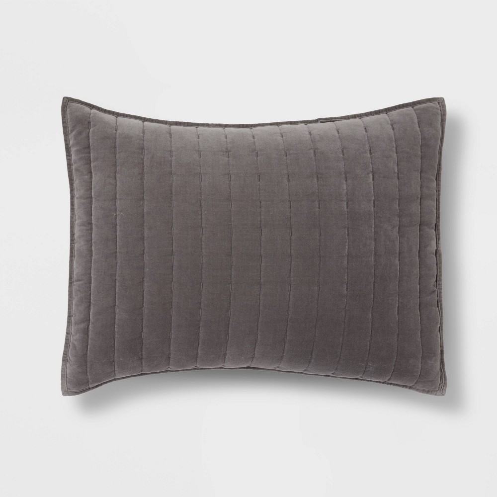 Photos - Pillowcase King Channel Stitch Velvet Quilt Sham Charcoal - Threshold™