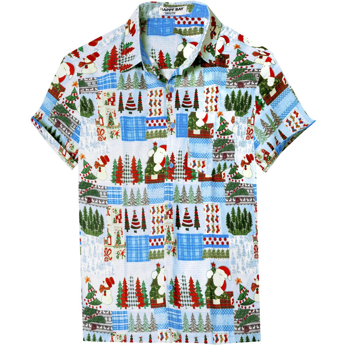 HAPPY BAY Men's Holiday Beach Short Sleeve Vacation Hawaii Santa Claus Party Holiday Shirt Hawaiian Christmas Tree Shirts for Men XXL Blue