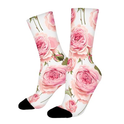 Pink Flowers Women Printed Crew Socks Funny Funky Socks Soft Polyester Novelty Gifts for Artists Men