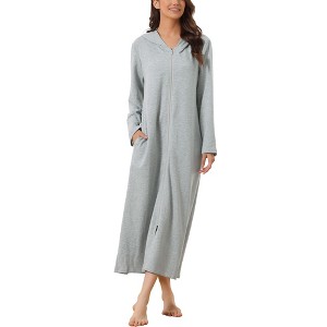 cheibear Women's Zip Front Hooded Maternity Long House Dress Nightshirt - 1 of 4